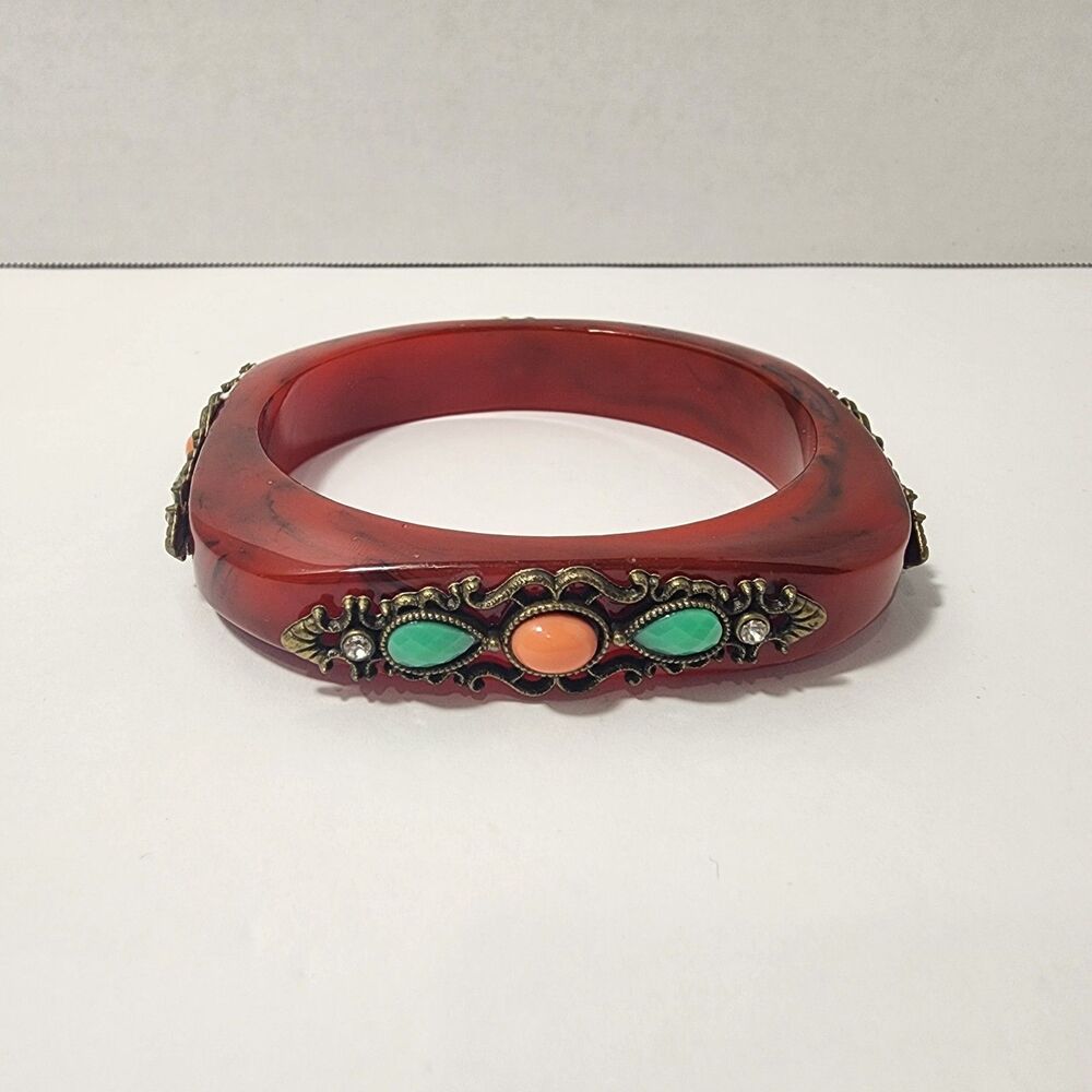 Vintage LUCITE Bejeweled Square Red-Orange Marbling Look Bangle Rhinestones